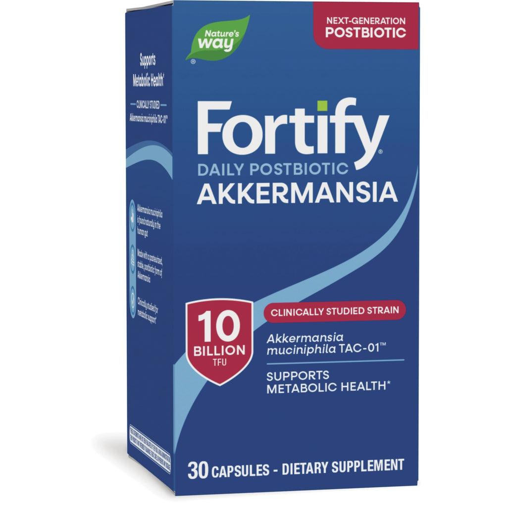 NW1078 | Nature's Way Fortify Daily Postbiotic Akkermansia blue box with 30 capsules and dietary supplement visible - Thumbnail