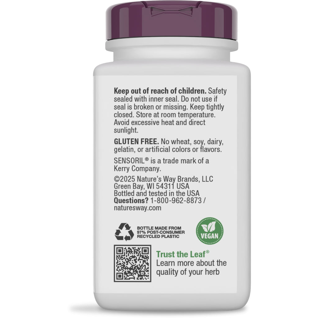 NW783 | Back label of white supplement bottle showing safety instructions, gluten free statement, vegan icon and QR code - Thumbnail