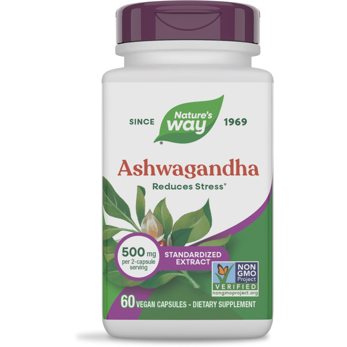 NW783 | Nature's Way Ashwagandha bottle labeled 60 vegan capsules, 500 mg per 2-capsule serving, Non-GMO, reduces stress