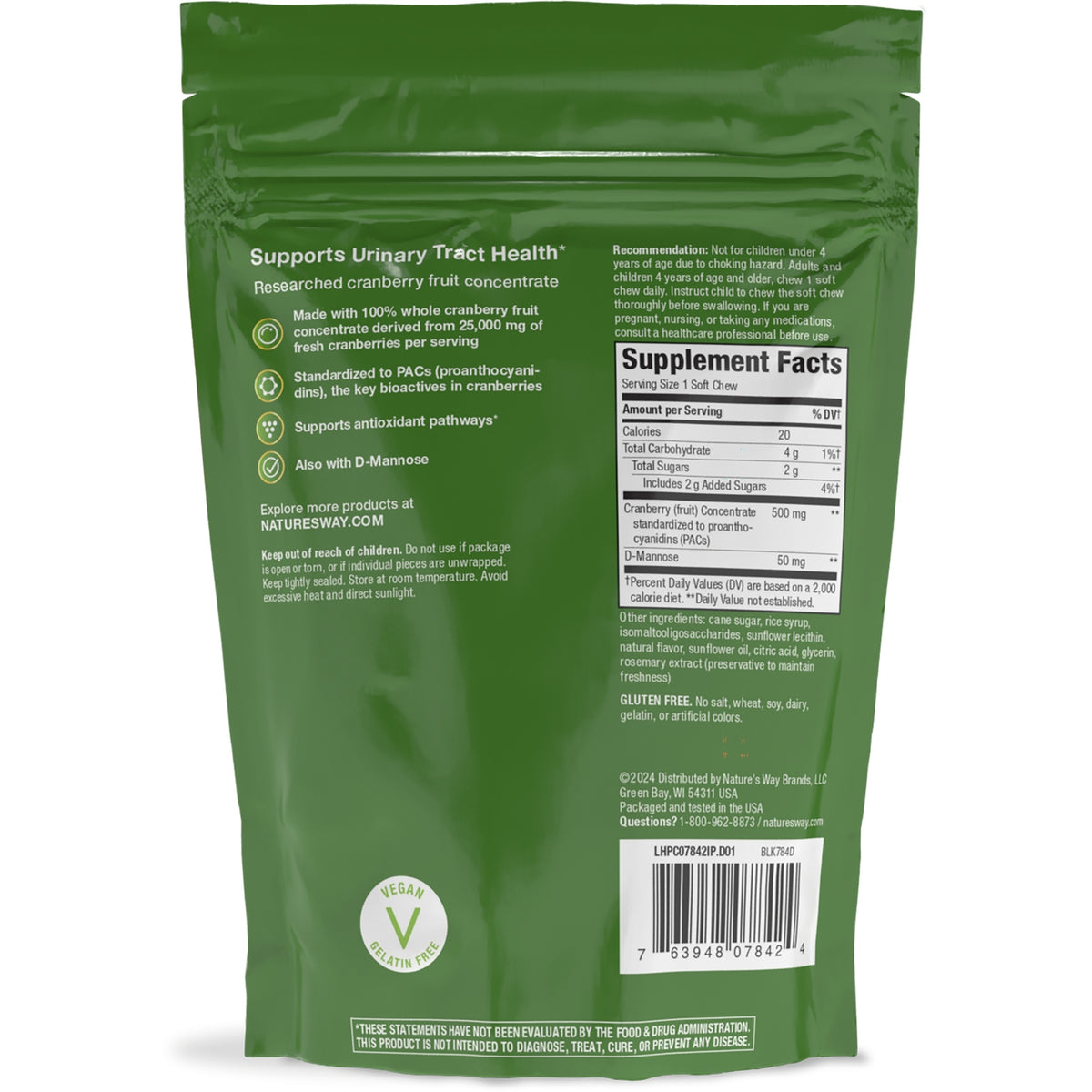 Back of ActiFruit cranberry fruit chew pouch showing Supplement Facts panel, ingredient text, and barcode
