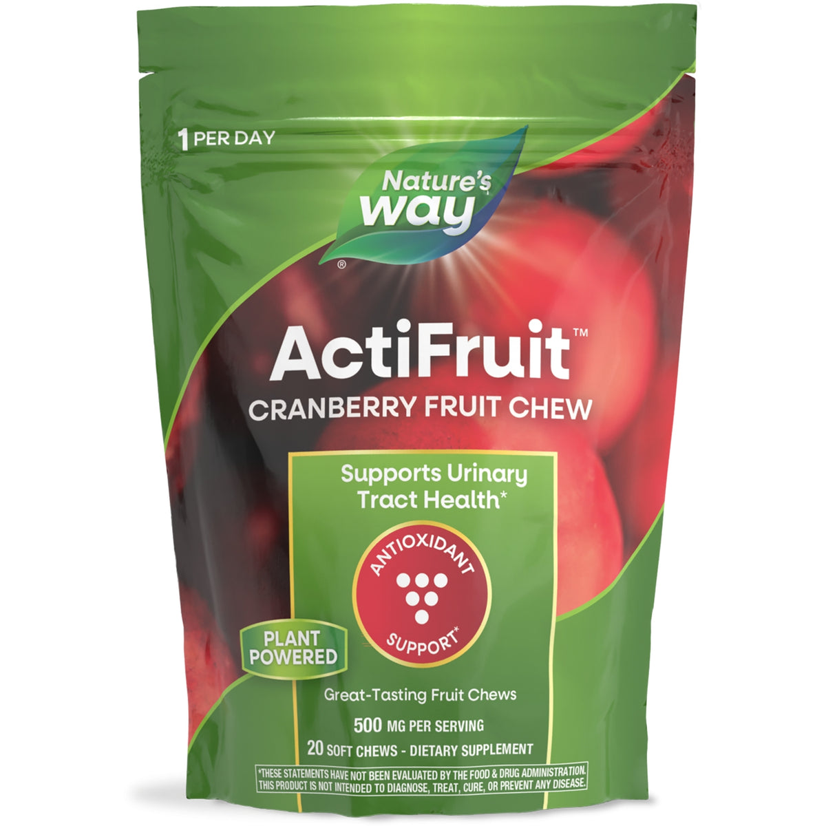ET365 | Nature's Way ActiFruit cranberry fruit chew resealable pouch, 20 soft chews, 500 mg per serving