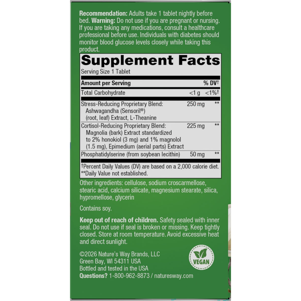 Supplement Facts and warnings panel showing Serving Size 1 Tablet, stress- and cortisol-reducing blends, other ingredients, and vegan badge