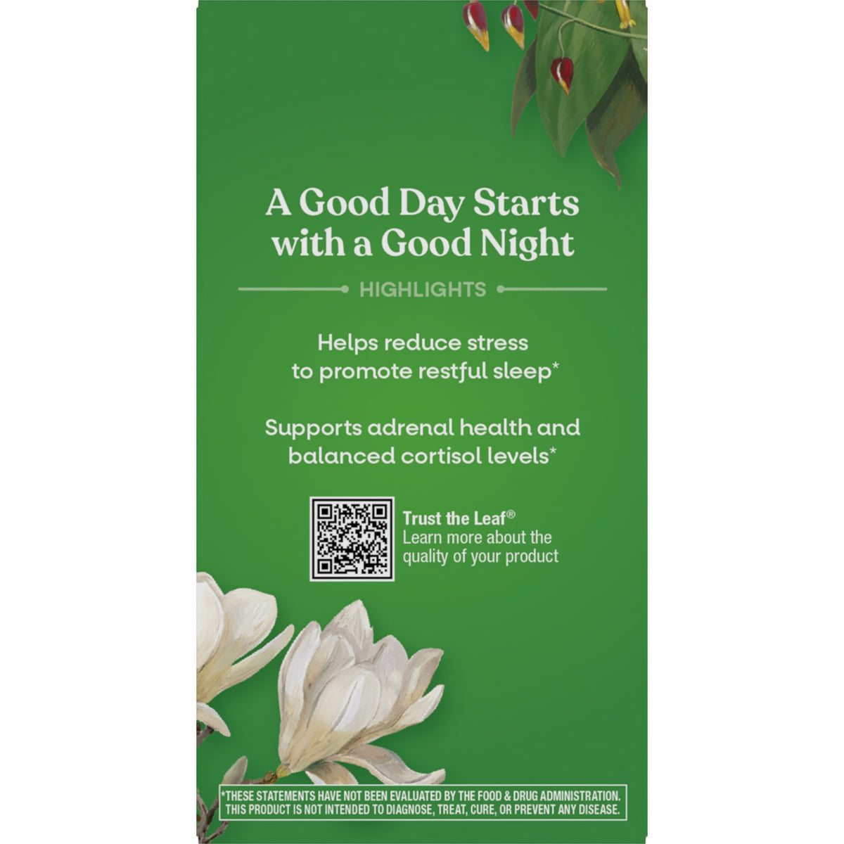 ET348 | Back of navy supplement box reading Supports restful sleep during stressful times with Sensoril ashwagandha and L-theanine; NATURESWAY.COM