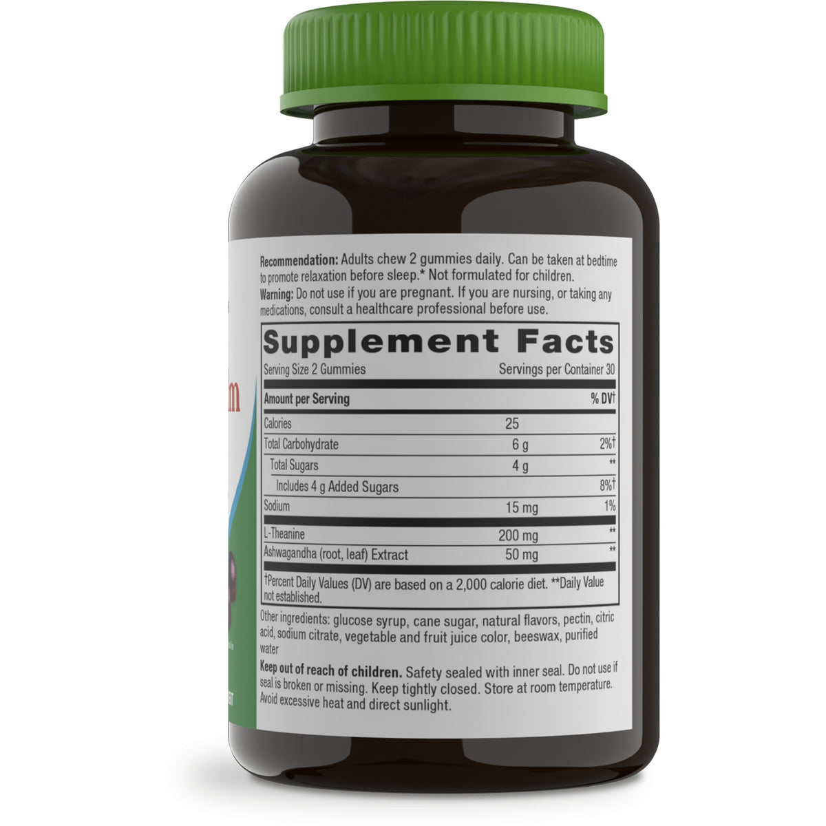 NW1059 | Back of dark supplement bottle showing Supplement Facts panel, directions and 60 gummies icon