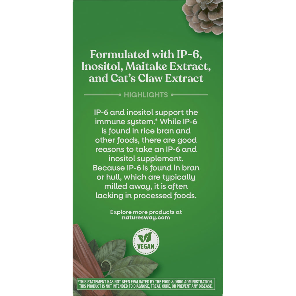 ET263 | Product infographic: specialized immune support blend with IP-6, inositol, maitake mushroom, cat's claw, minerals per 2-capsule serving, vegan badge - Thumbnail
