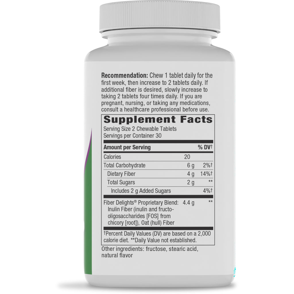 ET421 | Back label of supplement bottle showing Supplement Facts panel with serving size 2 chewable tablets and nutrition info - Thumbnail