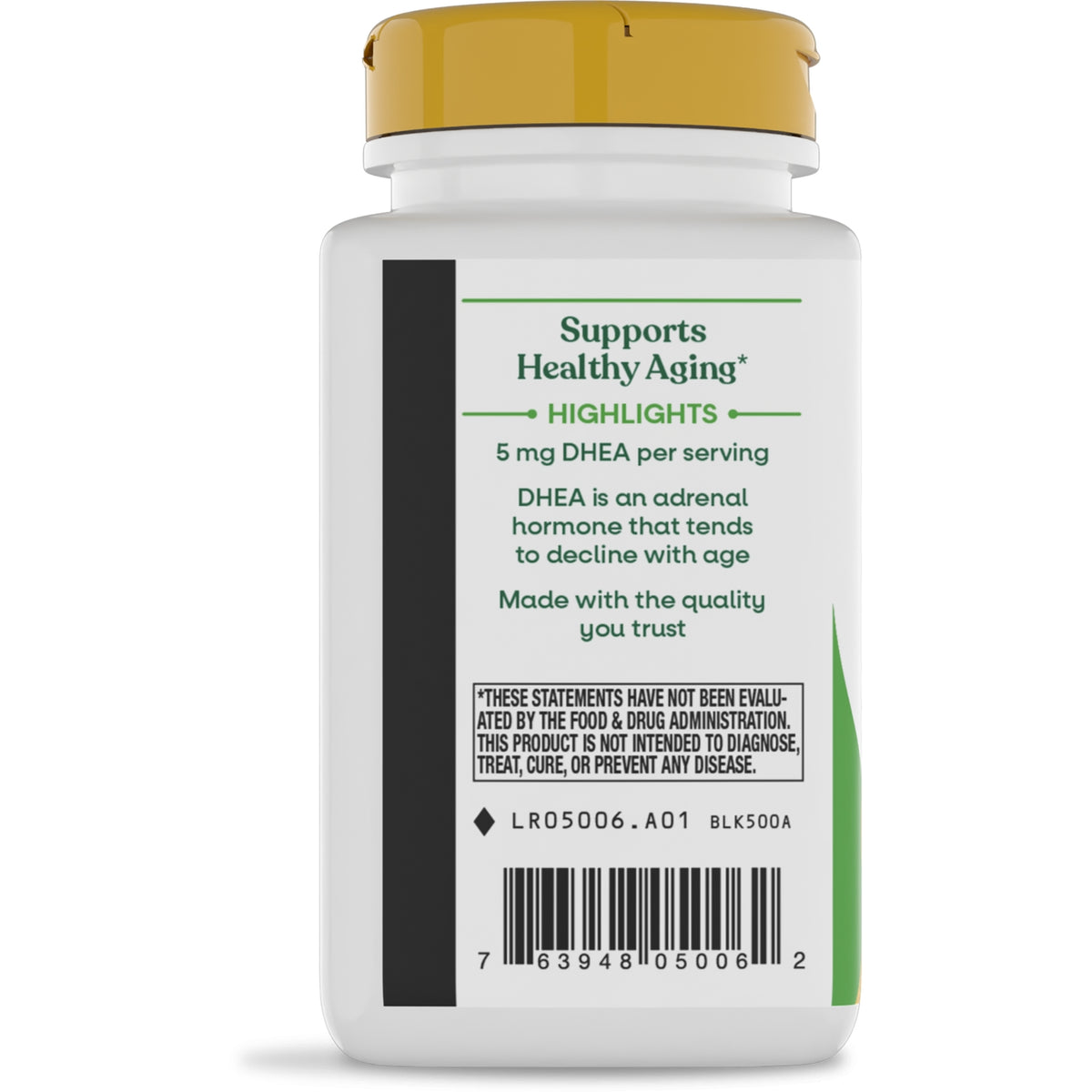 ET438 | Bottle label highlighting 5 mg DHEA per serving and supports healthy aging