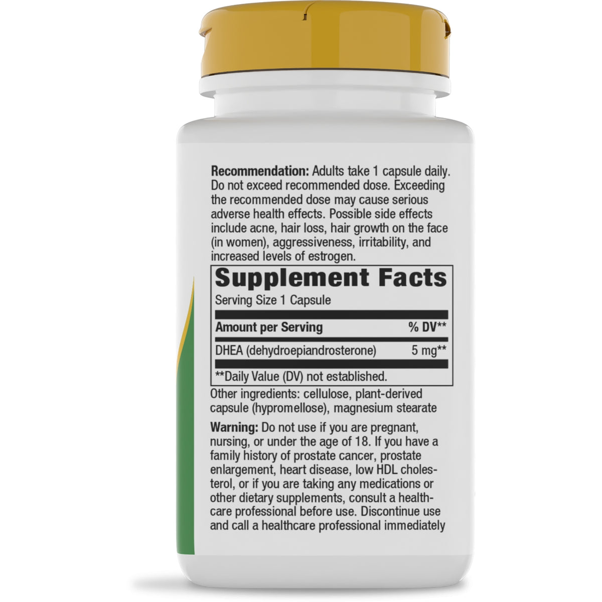 ET438 | Back of dark supplement bottle showing Supplement Facts panel, serving size, ingredients, and warning text