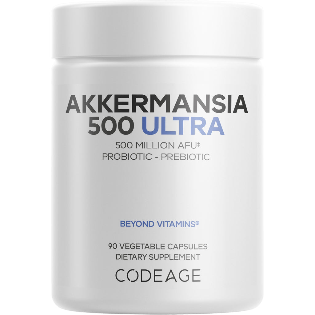 CDG005 | White supplement bottle labeled AKKERMANSIA 500 ULTRA, 90 vegetable capsules, Codeage - Thumbnail
