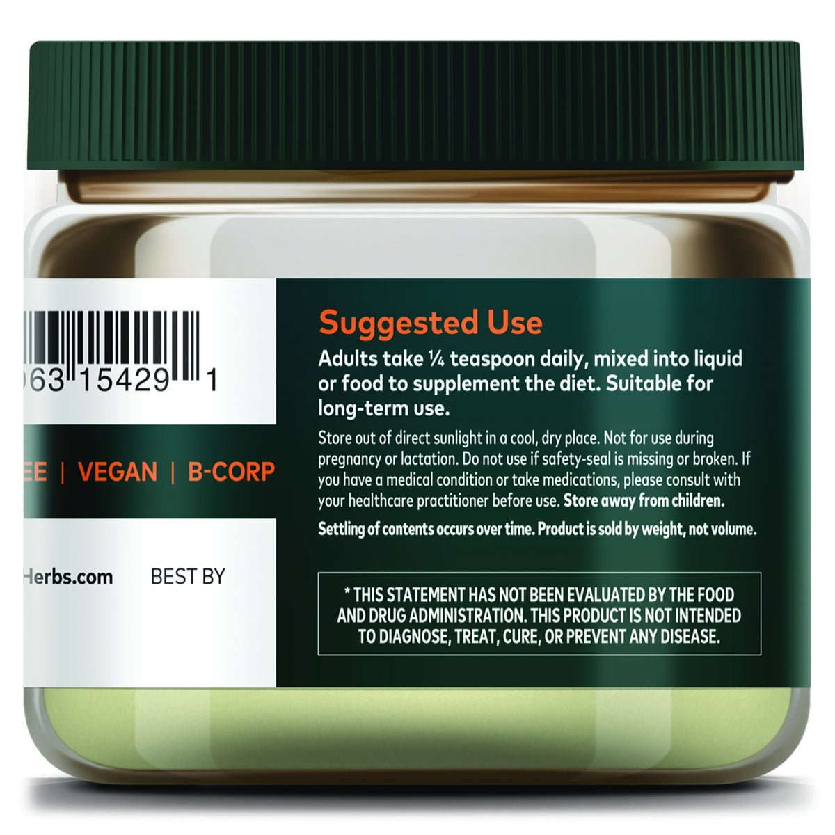 GH180 | Supplement jar label with suggested use, barcode, vegan and B-Corp icons