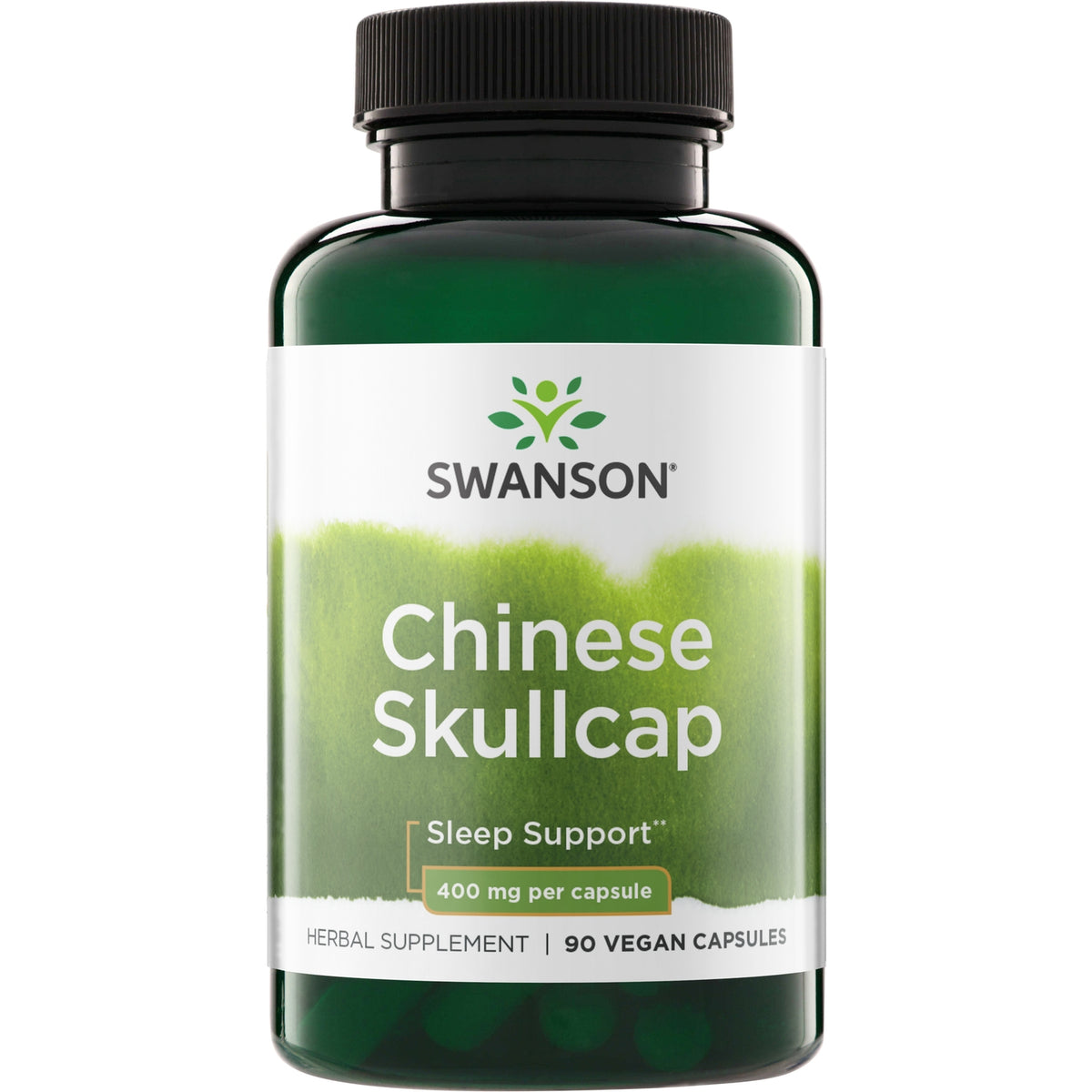 SW1128 | Swanson Chinese Skullcap, Sleep Support, 400 mg per capsule, 90 vegan capsules bottle front