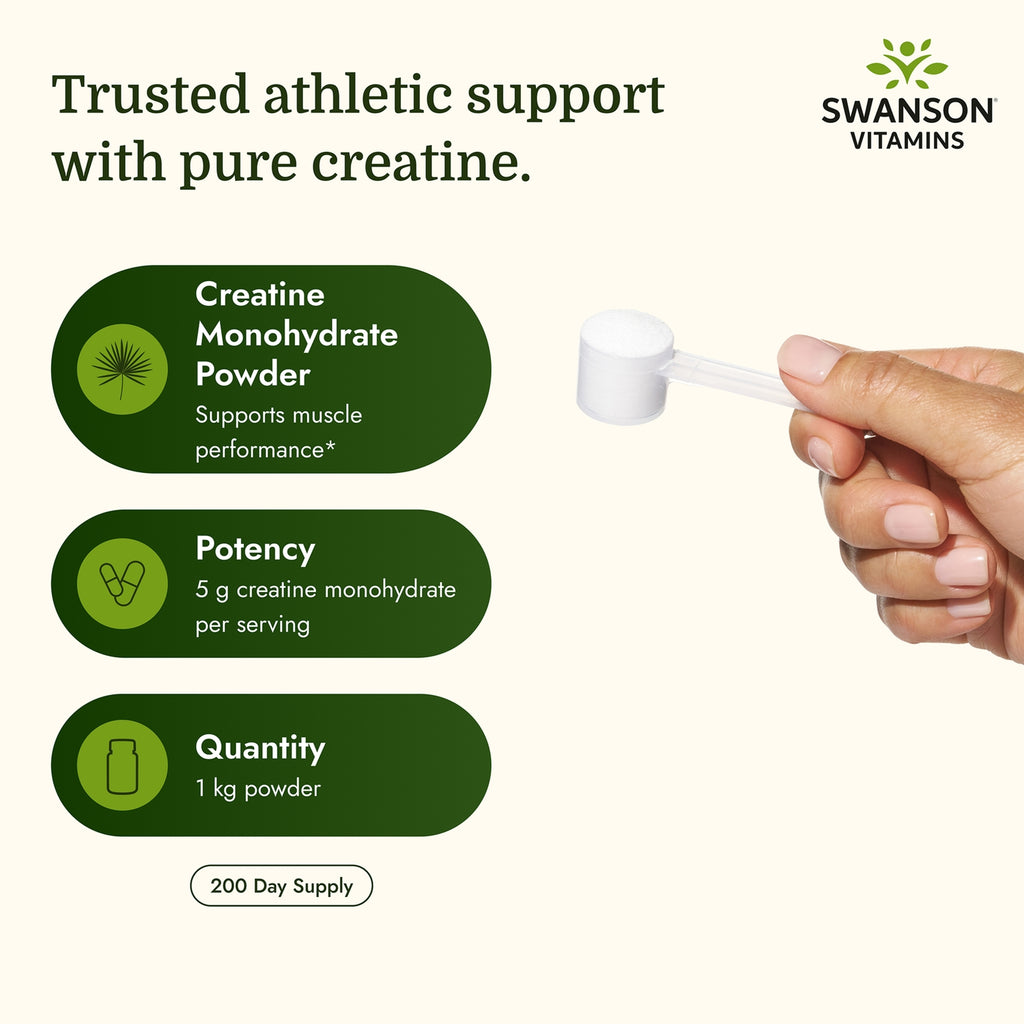 SW1967 | Swanson Creatine Monohydrate Powder jar, packets, and scoop displayed with product box - Thumbnail
