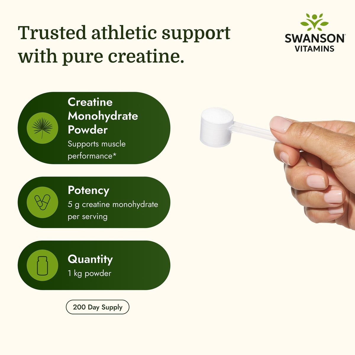 SW1967 | Swanson Creatine Monohydrate Powder jar, packets, and scoop displayed with product box