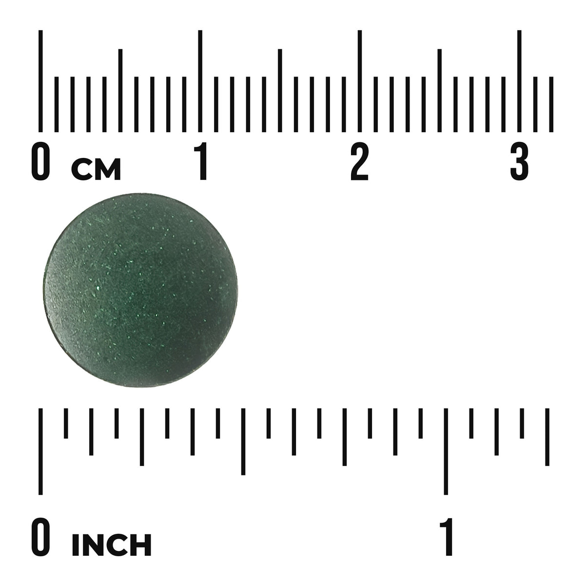 SWR010 | Round dark tablet shown with centimeter and inch rulers for size reference