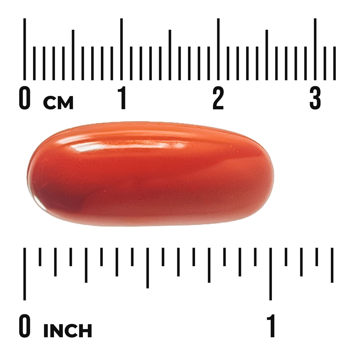SWU716 | Orange oval softgel shown with size ruler in centimeters and inches
