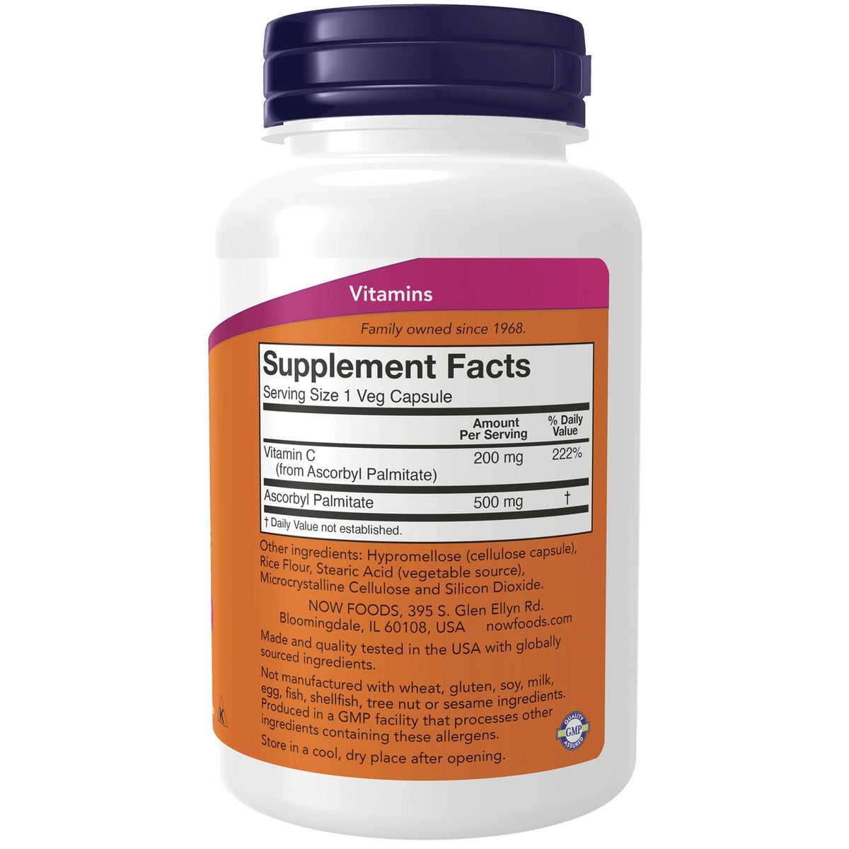 NWF1381 | Back of white supplement bottle showing Supplement Facts label listing Vitamin C 200 mg and Ascorbyl Palmitate 500 mg