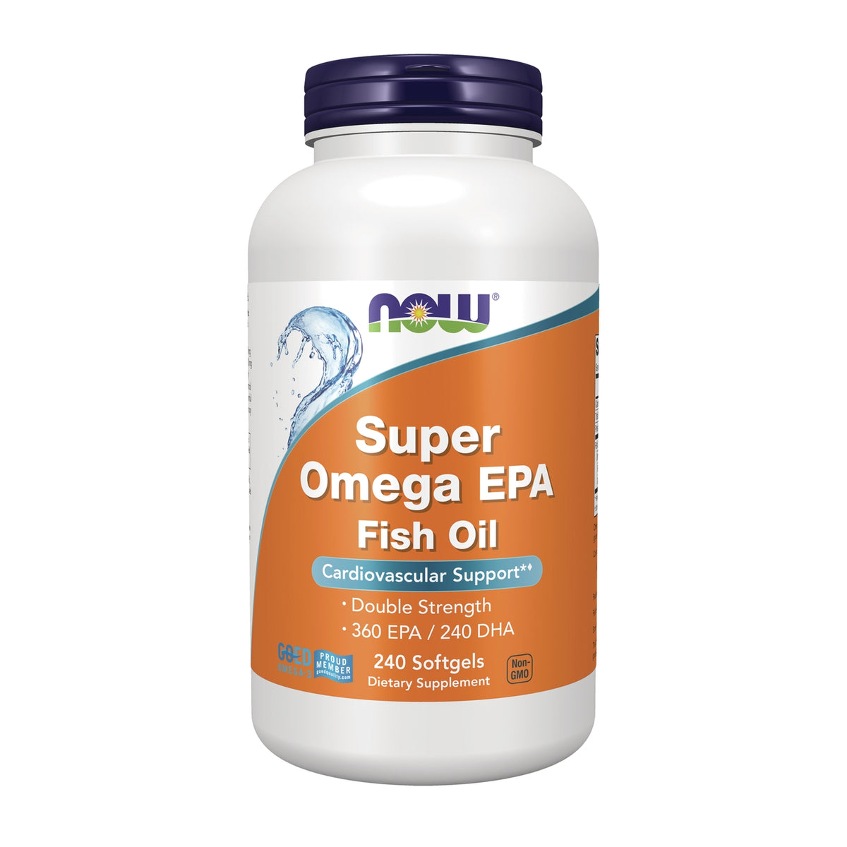 NWF912 | NOW Super Omega EPA white bottle with orange label reading Super Omega EPA, Molecularly Distilled, 240 Softgels