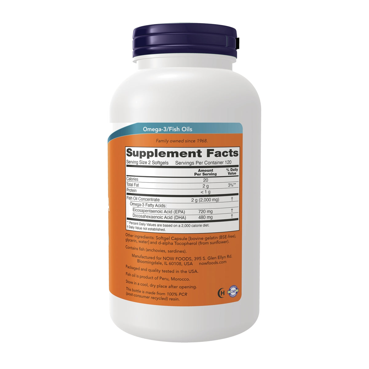 NWF912 | back of white supplement bottle showing Supplement Facts label for Omega-3 fish oils with EPA 720 mg and DHA 480 mg