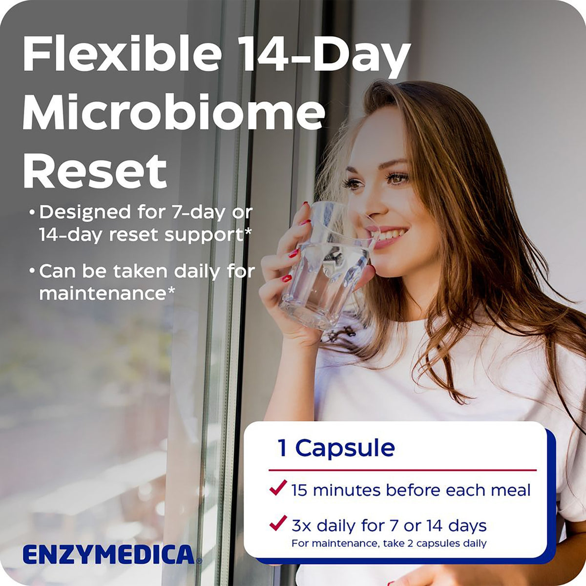 EMD005 | Flexible 14-day microbiome reset infographic with dosage instructions and a woman drinking water
