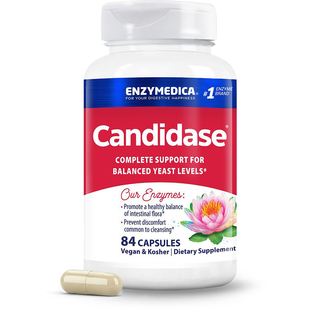 EMD005 | Front view of Candidase dietary supplement bottle with red label, 84 capsules, vegan & kosher - Thumbnail