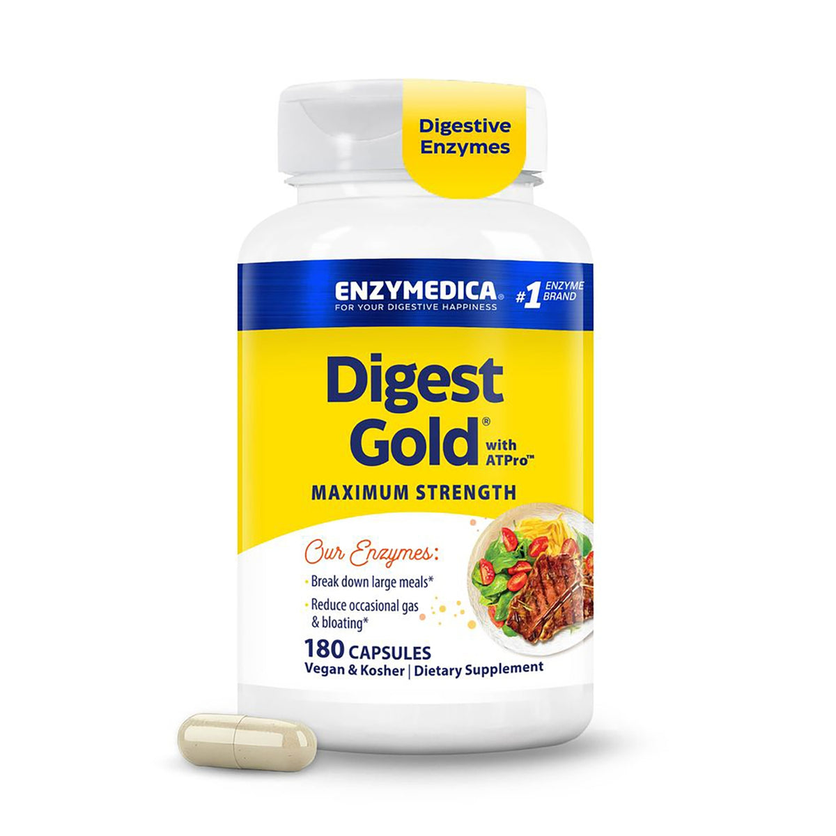 EMD011 | Enzymedica Digest Gold maximum strength supplement bottle with yellow label, 180 capsules, vegan and kosher