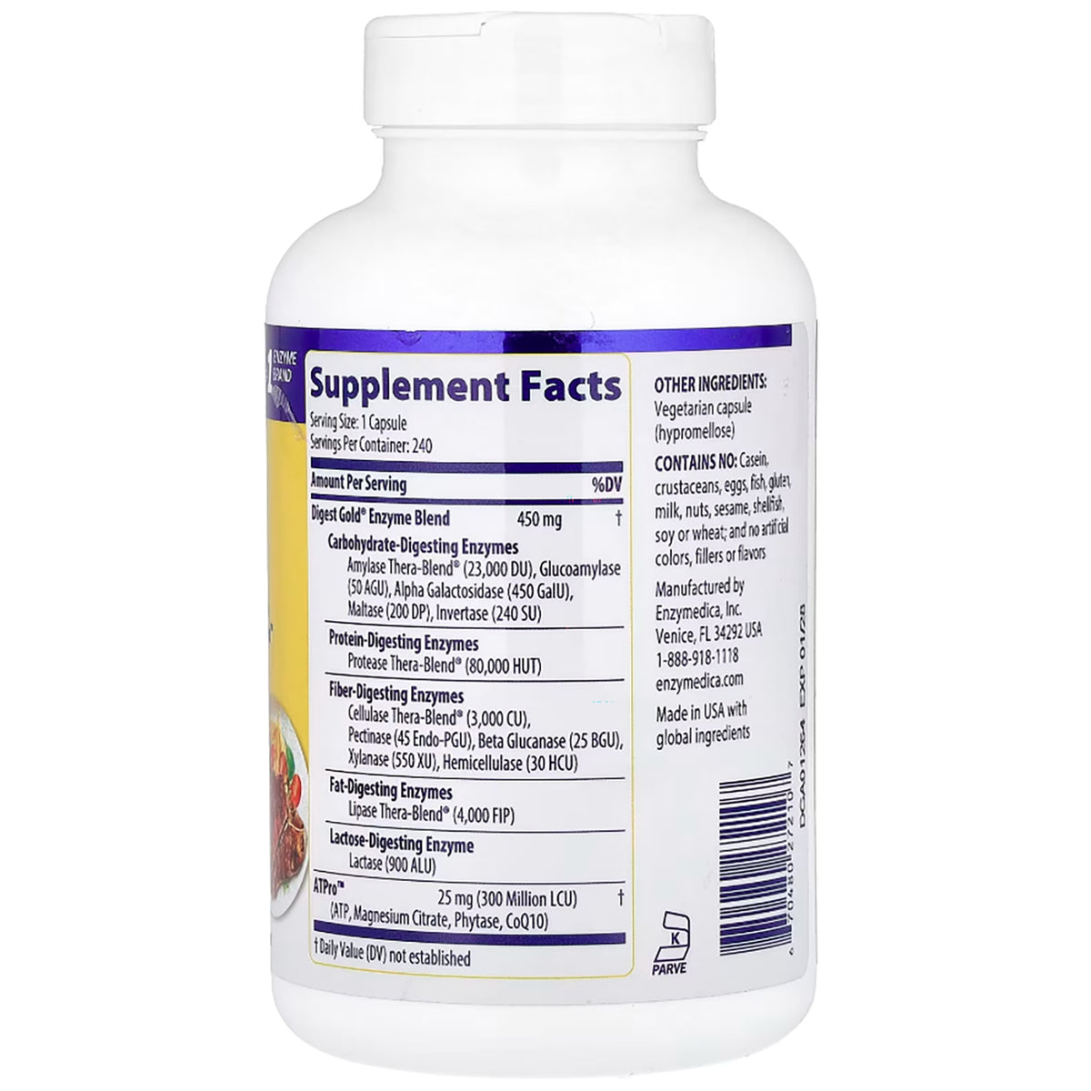 EMD047 | Back of white supplement bottle showing Supplement Facts panel and 240 capsules label