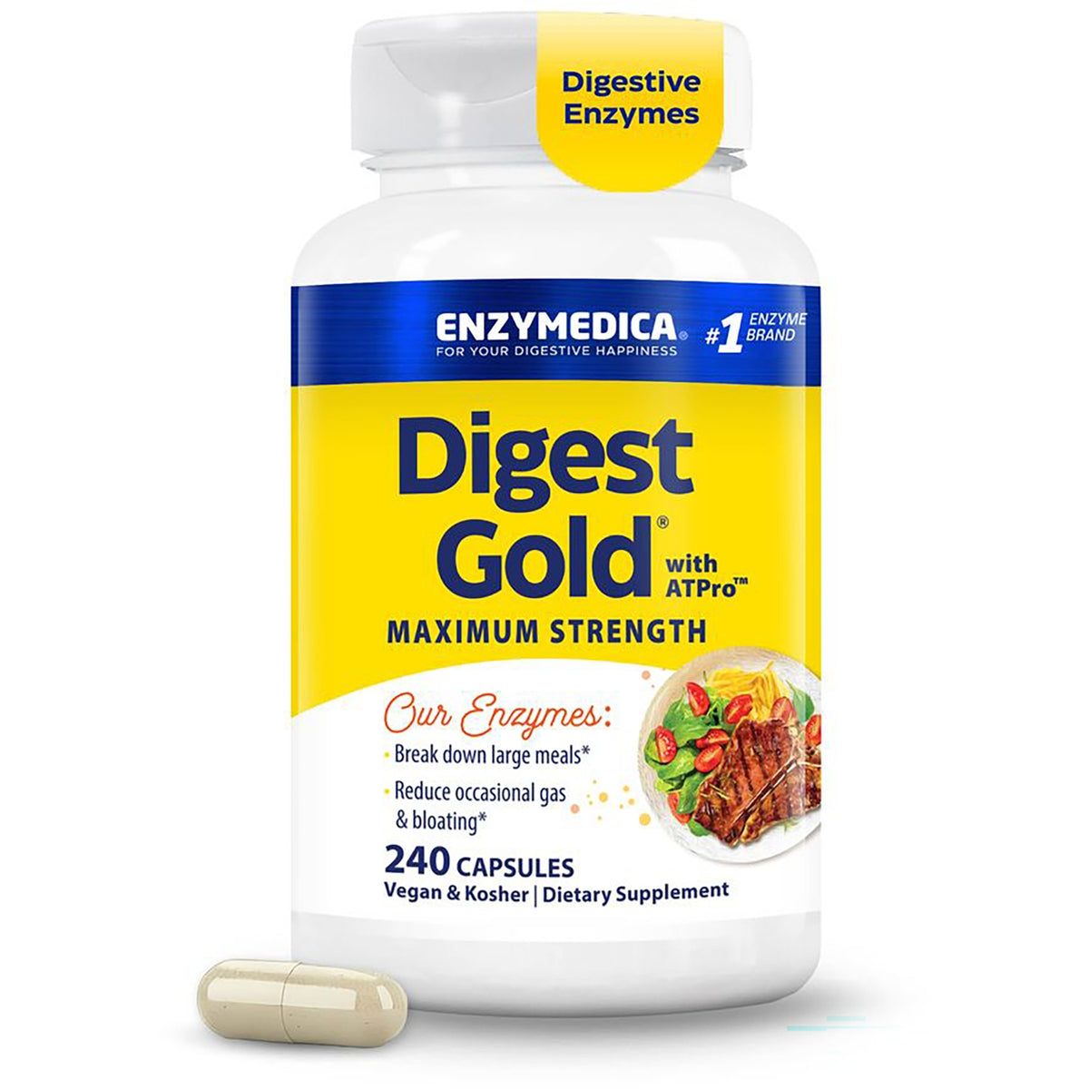 EMD047 | Bottle front of Digest Gold maximum strength digestive enzyme supplement, 240 capsules