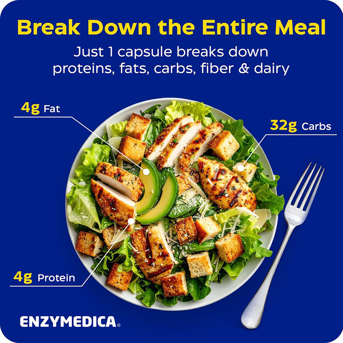 EMD039 | Infographic showing one capsule breaks down proteins, fats, carbs, fiber and dairy