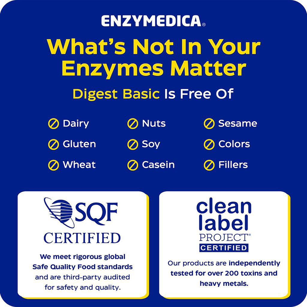 EMD039 | Enzymedica Digest Basic clean label infographic showing free of common allergens and SQF certified - Thumbnail