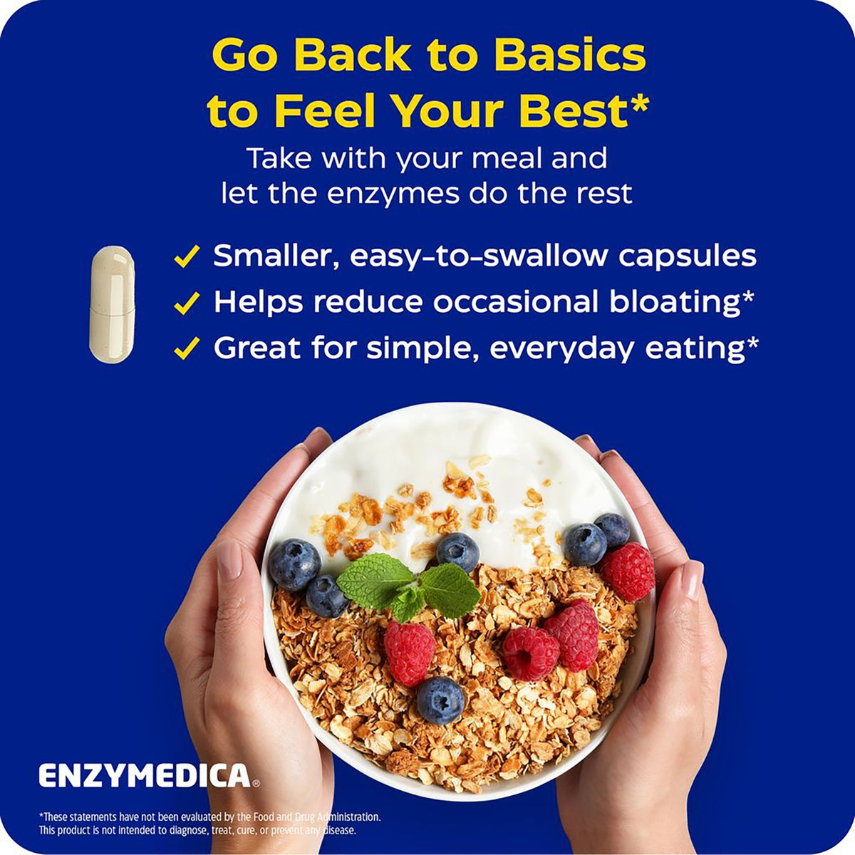 EMD039 | Enzymedica infographic showing smaller capsules, meal-time use, and benefits for occasional bloating