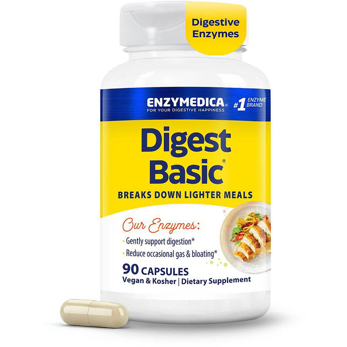 EMD039 | Digest Basic dietary supplement bottle with yellow label stating Digest Basic, 90 capsules