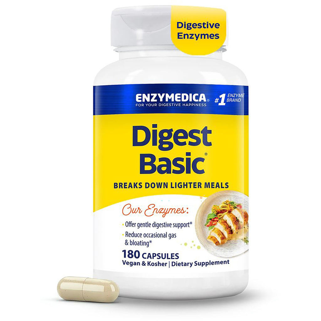 EMD076 | Enzymedica Digest Basic bottle front label reading Digest Basic, breaks down lighter meals, 180 capsules, vegan and kosher - Thumbnail