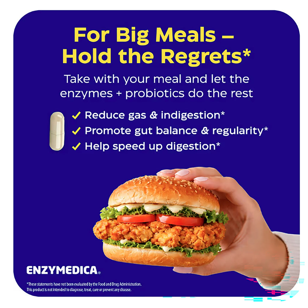 EMD050 | Enzymedica digestive supplement infographic with burger and claims about gas, indigestion, and gut balance - Thumbnail