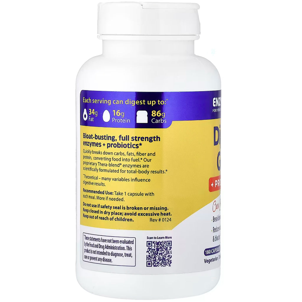 EMD050 | Back label of white supplement bottle showing digestive enzyme information, recommended use, and Non GMO NSF logo - Thumbnail