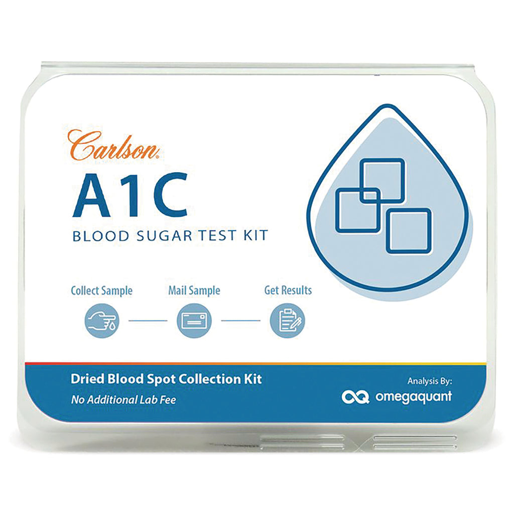 Carlson A1C blood sugar test kit packaging showing dried blood spot collection kit and icons for collect mail get results - Thumbnail