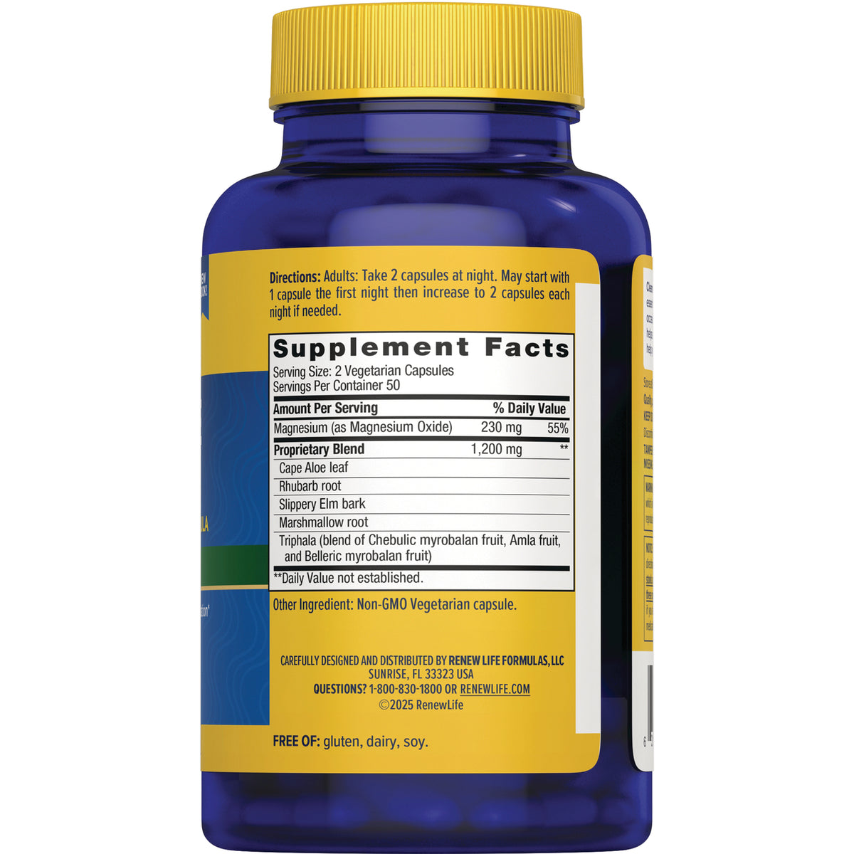 RNL016 | Back of blue supplement bottle showing Supplement Facts panel, directions, and colorful label with yellow cap