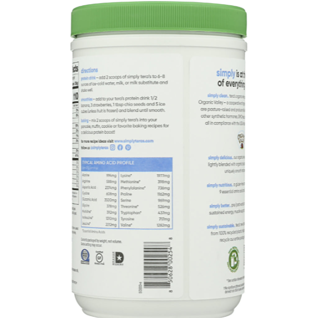 TER008 | Back of simply tera's protein powder tub with directions, Typical Amino Acid Profile panel, and barcode - Thumbnail