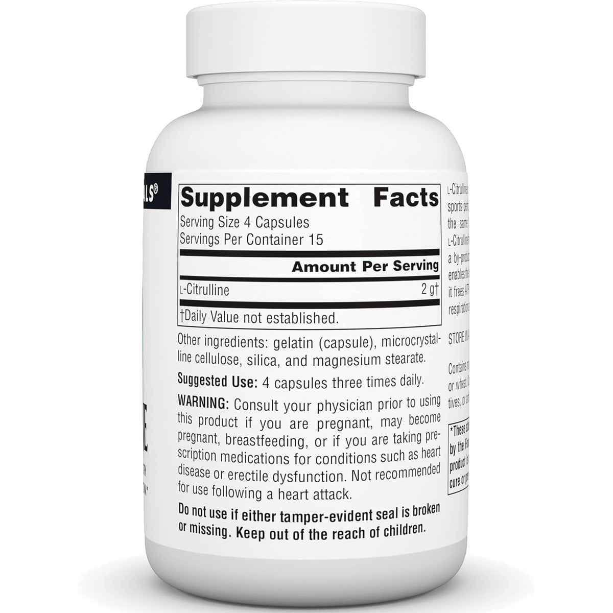 SN481 | Supplement Facts panel showing serving size 4 capsules and L-Citrulline 2 g