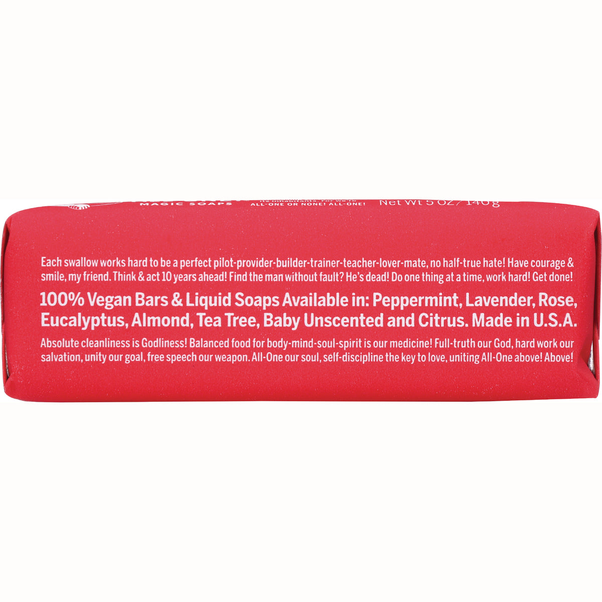 DRB019 | Back label of red soap bar showing small white text listing scents including peppermint and lavender