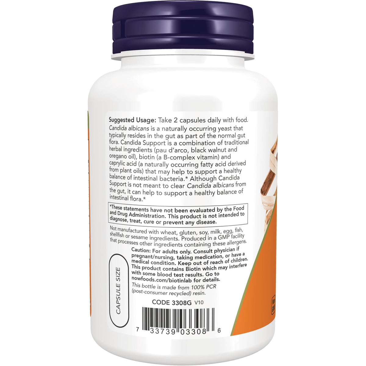 NWF034 | back label of supplement bottle showing suggested usage, caution, ingredient notes and barcode