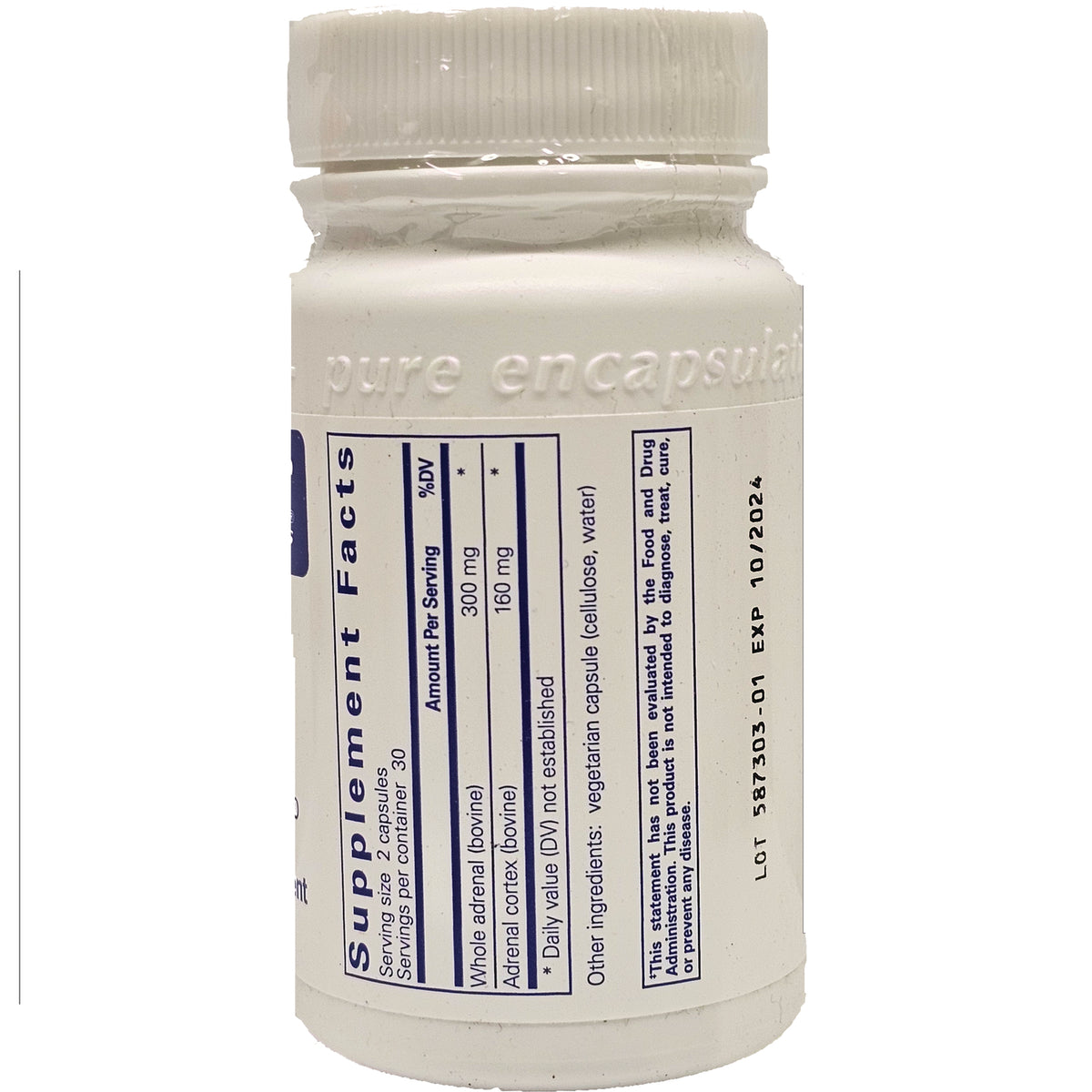 White supplement bottle back showing Supplement Facts panel, ingredient list, LOT 587303-01 and EXP 10/2024