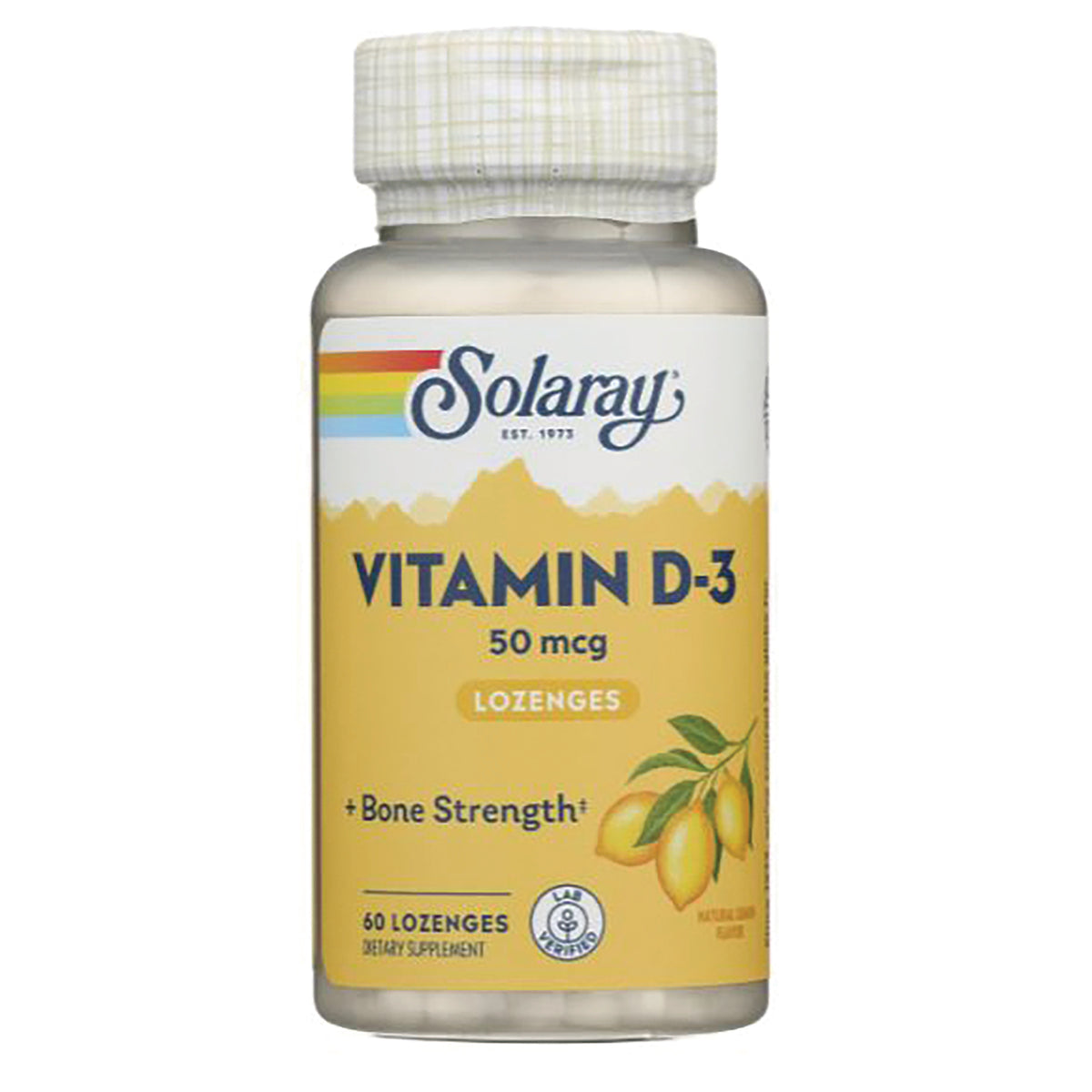 SLR423 | Solaray Vitamin D-3 50 mcg lozenges bottle with 60 lozenges for bone strength