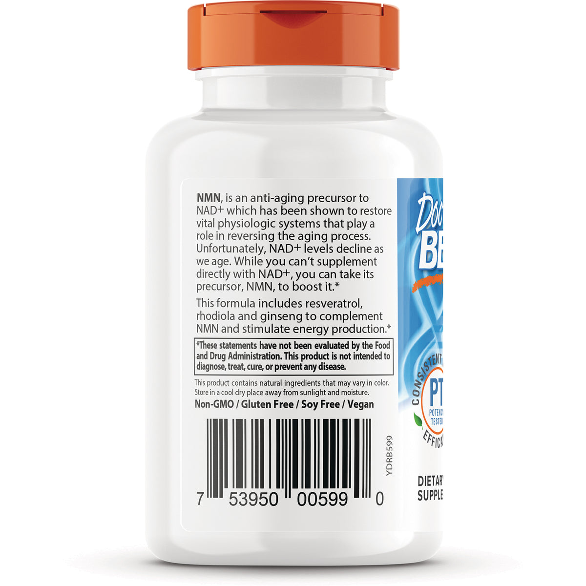 DB288 | Back of white supplement bottle with orange cap showing NMN description, warning box and barcode