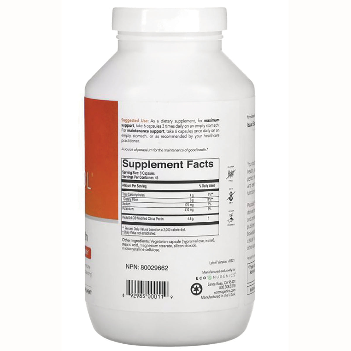 ECN003 | Back label showing Supplement Facts panel, ingredients, and barcode on white supplement bottle