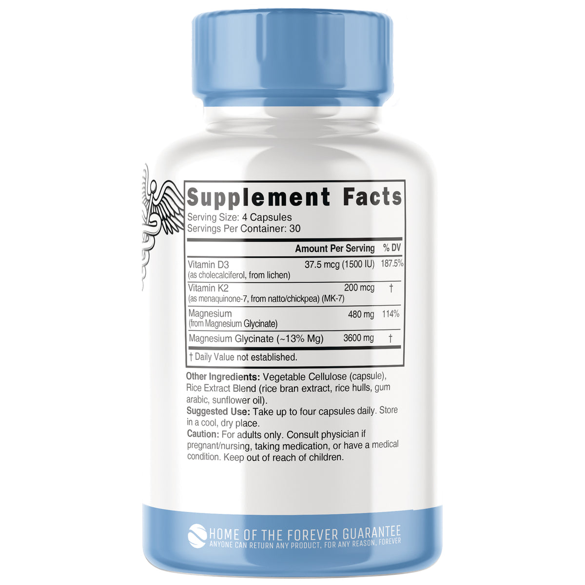 NFU017 | Back of white and blue supplement bottle showing Supplement Facts panel and ingredient and usage text