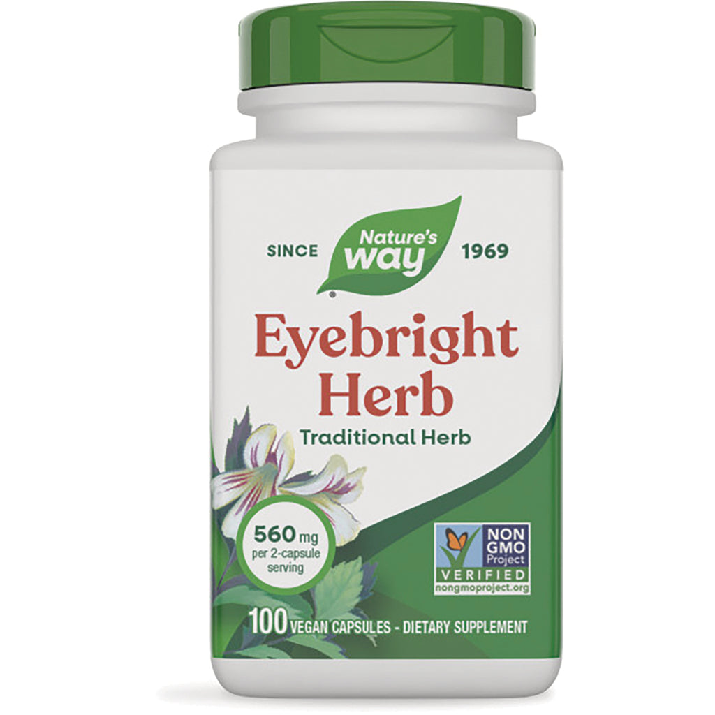 NW133 | Nature's Way Eyebright Herb supplement bottle front, 100 vegan capsules label showing 560 mg per 2-capsule serving - Thumbnail