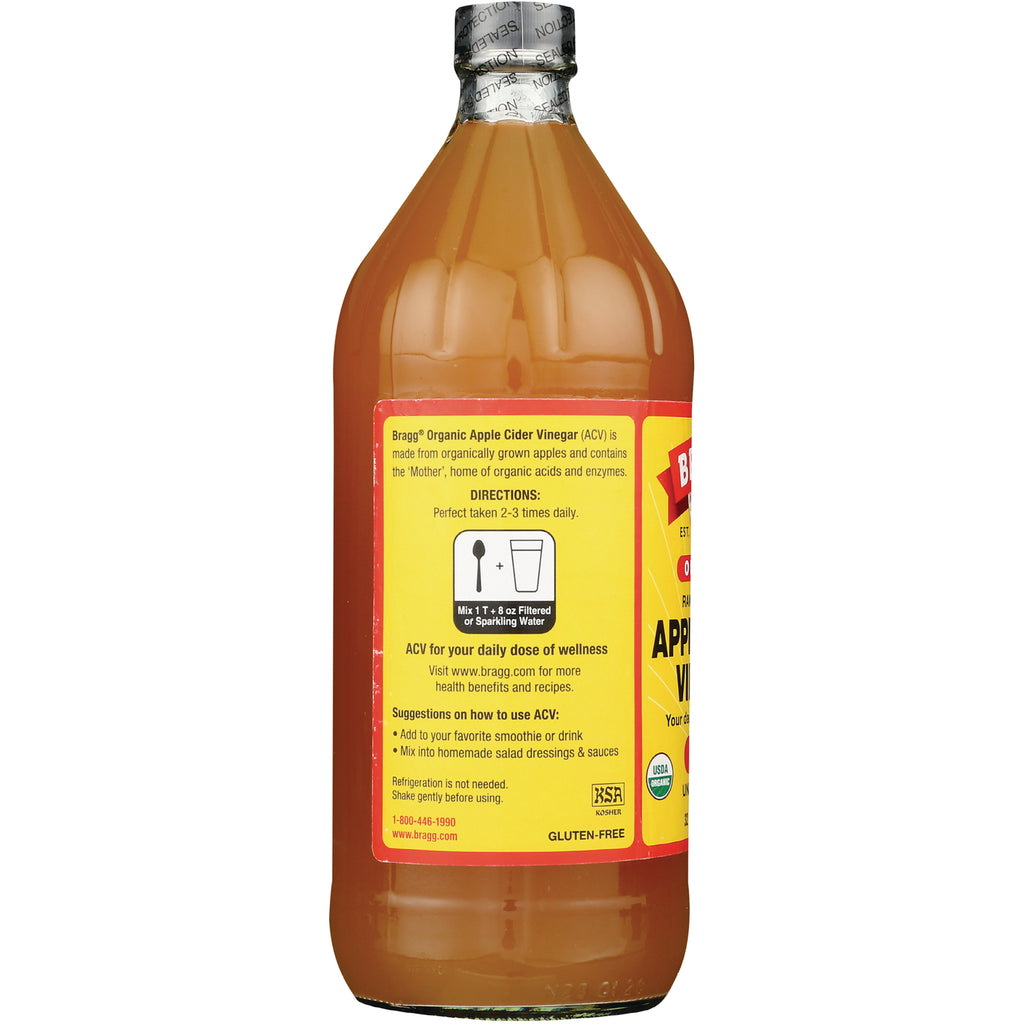 BR006 | back label of apple cider vinegar bottle showing directions, usage suggestions, and certification icons - Thumbnail