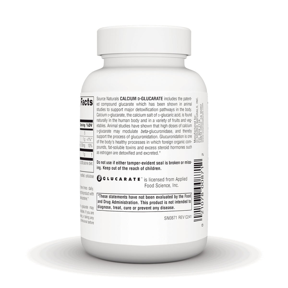 SN459 | Back label with Supplement Facts and warnings for Source Naturals Calcium D-Glucarate bottle