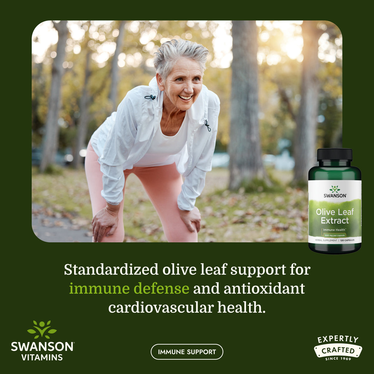 SWH159 | Woman stretching outdoors beside Swanson Olive Leaf Extract bottle with immune support messaging