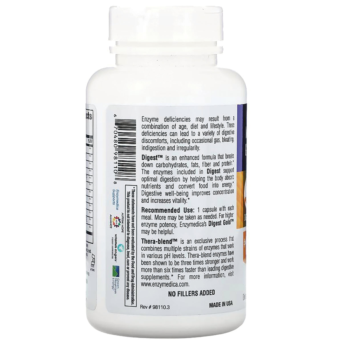 EMD007 | back label of white supplement bottle showing ingredients, directions, barcode and NO FILLERS ADDED